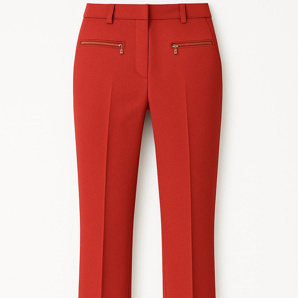 Red pants with gold zippers on a white background